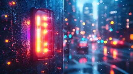 Fototapeta premium Neon sign pulsing with electric current in a rainy urban night scene