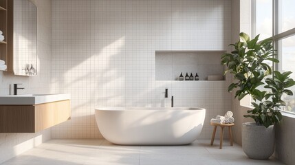 a modern bathroom with a white bathtub 