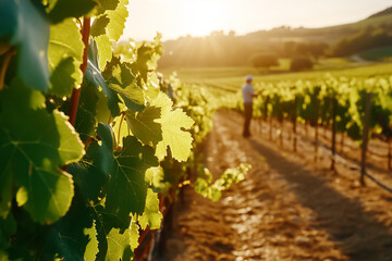 Vineyard worker inspecting lush green grapevines during golden sunset. Beautiful countryside setting with rolling hills and sunlight illuminating nature