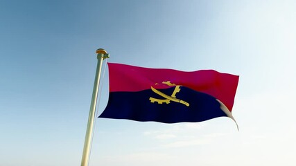 Flag of Angola waving in the wind, sky and sun background. Angola Flag Video. 