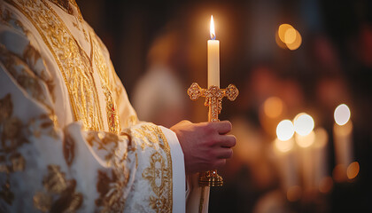 Orthodox Priest Holding Lit Candle and Golden Cross During Easter Church Service. Concept of Religious Ceremony, Christian Faith, Holy Tradition, Spiritual Worship, Easter Celebration