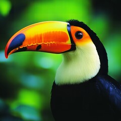 Obraz premium Vibrant Toucan Bird Close up Profile Shot in Lush Green Tropical Rainforest Habitat