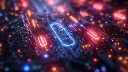 Obraz premium Abstract picture of chip on complex circuit with digital technology style design and the electric parts graphic show high tech system represent about processor algorithm process on computer. AIG53.