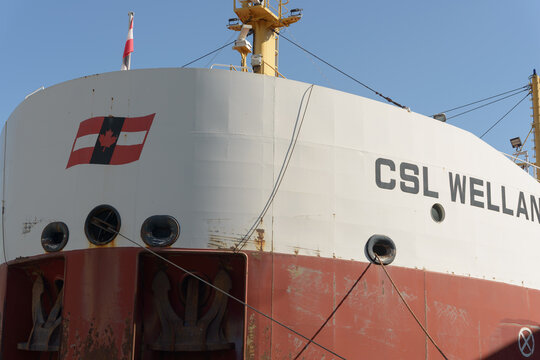 detail view of CSL Welland, a self-discharging bulk carrier, owned and operated by Canada Steamship Lines, docked at Redpath Sugar Refinery, 95 Queens Quay E in Toronto, Canada