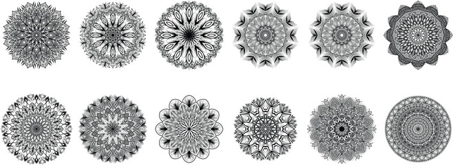 12 Bundles of Detailed Black and White Mandala Designs with Symmetrical, Ornamental Patterns for Art, Meditation, and Relaxation