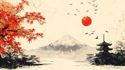 Serene Japanese Autumn Landscape: Mount Fuji, Pagoda, and Maple Tree