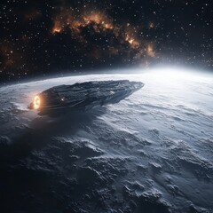 Naklejka premium A futuristic spaceship travels above a textured alien planet surface