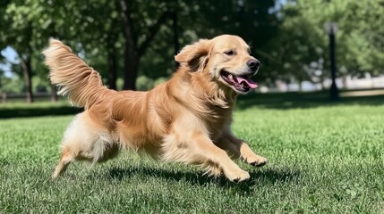 Golden Retriever Running Fast in Grassy Field on a Sunny Day