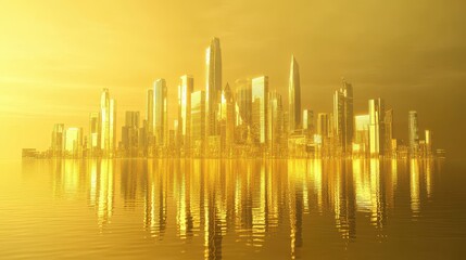 Fototapeta premium A golden metropolis city reflects in tranquil water and sky