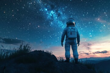 Astronaut gazing at a beautiful starry night in space from earth