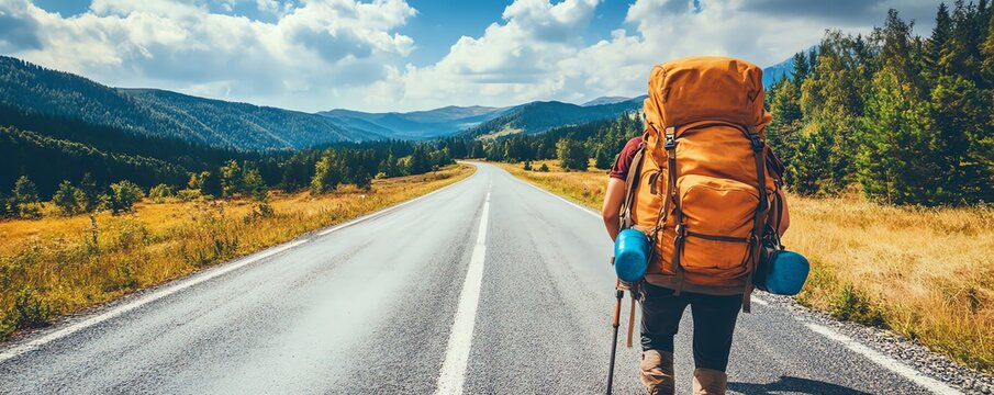 A backpacker hitchhiking on an empty road, seeking adventure
