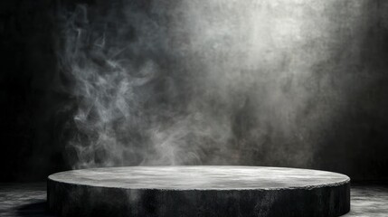 Round Concrete Platform with Smoke, Dark Background for Product Display