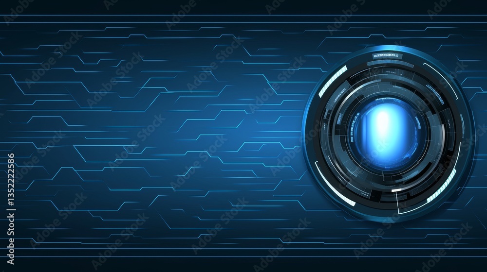 Poster futuristic digital interface with glowing blue elements and abstract circuit patterns in background