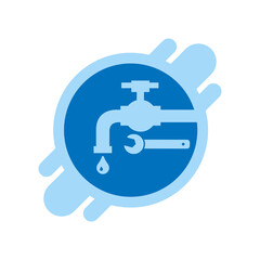 Tap with water leakage and wrench illustration with light and dark blue circle