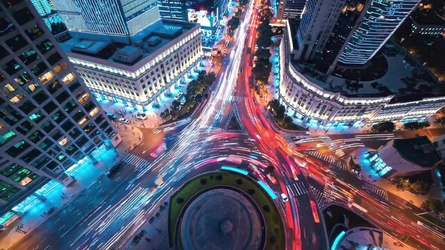 Intersection dynamics. Nighttime urban circulation through multilane highway junction with complex traffic flow patterns.