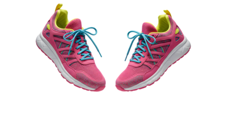 Pink and Neon Athletic Sneakers Floating Mid-Air on Transparent Background