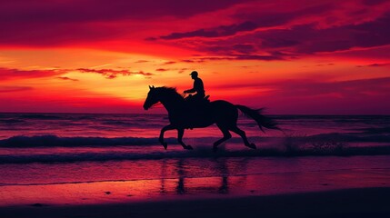 Silhouette of Horse and Rider at Sunset on Beach