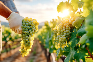 Man picking clusters of ripe green grapes in vineyard at sunset. Warm golden light highlights the lush surroundings. Concept of wine production, agriculture, organic farming
