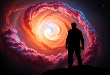 Fototapeta premium Intriguing dark silhouette against swirling nebula, vibrant cosmic dust, galaxy, stars