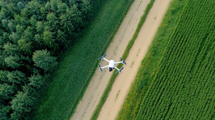 Aerial View of Drone Flying Over Rural Landscape Farmland and Forest