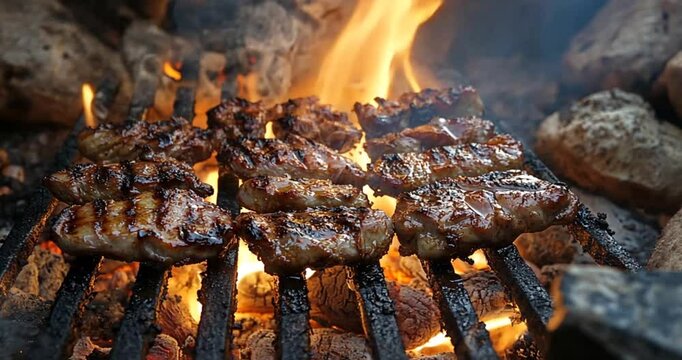 Grilled BBQ meat on open fire. Outdoor cooking