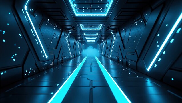 Dise&ntilde;o interior con luces LED azules y est&eacute;tica tecnol&oacute;gica futurista para fondos de innovaci&oacute;n y creatividad.