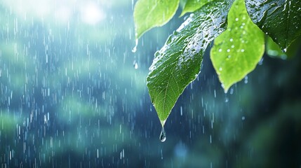 Serene Rain Close up of Dew Kissed Leaves in a Summer Shower