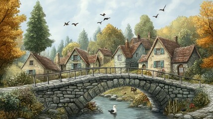 Obraz premium Autumn village bridge, stream, birds flying, idyllic scene, book cover