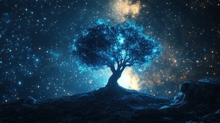 A Glowing Tree Stands Beneath a Star Filled Celestial Sky