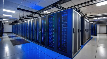 Fototapeta premium Modern data center interior with illuminated server racks and visible overhead wiring. Ideal for cloud infrastructure, cybersecurity, or IT operations content