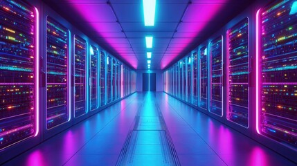 Fototapeta premium Futuristic server room with neon lighting, advanced servers, and reflective flooring. Ideal for technology, cloud computing, data storage, and cybersecurity use