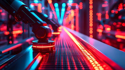 A futuristic robotic arm operates in a high-tech environment filled with vibrant red and blue lights, emphasizing advanced automation and technology.
