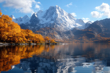 Fototapeta premium Vibrant autumn landscape with snow-capped mountains and tranquil lake reflecting colorful trees