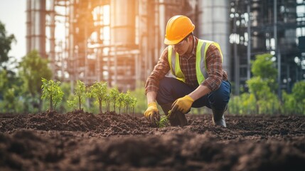 Agricultural Worker Planting Seedlings in Industrial Environment