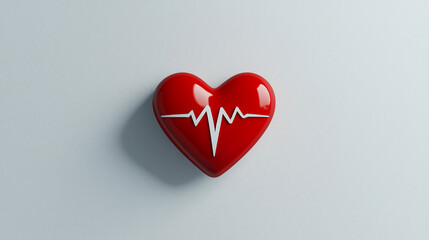Red Heart Icon with Heartbeat Line on Light Background, Symbolizing Love, Health, and Vitality, Concept of Care and Emotion in a Simple Design