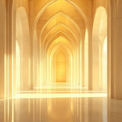 An architectural hallway displaying repeating arches bathed in golden light
