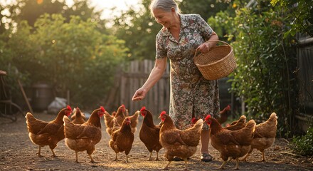 Elderly Woman Feeding Chickens in a Pleasant Backyard Garden Setting