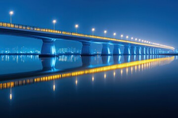 Modern Bridge with Illuminated Lights Reflected in Calm Water at Night in Urban Landscape