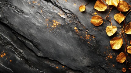 Golden leaves artfully arranged on a dark slate background