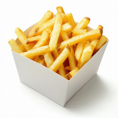 Golden-brown French fries are piled high in a white paper container. The fries are evenly cut and show slight browning on the edges. The container is simple and angular, set against a white background