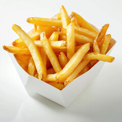 Golden-brown French fries are piled high in a white paper container. The fries are evenly cut and show slight browning on the edges. The container is simple and angular, set against a white background