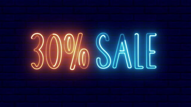 30% Sale neon sign. 30% Sale text font with light. Luminous and shimmering haze inside the letters of the text 30% Sale.