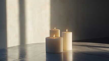 Serene Candlelight: Three Burning Candles on Marble Table