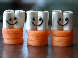 Three whimsical fruit characters with smiling faces stand on a surface