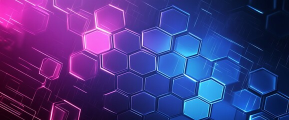 futuristic abstract background with glowing blue and purple hexagons and bokeh lights