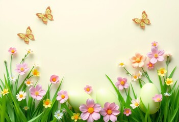 Pastel background with green Easter eggs, paper flowers, butterflies, and grass Perfect for spring & Easter themed designs, artwork, celebratory