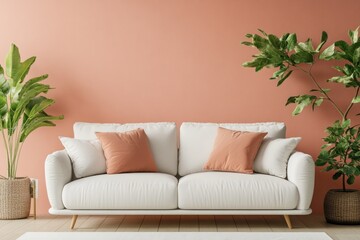 Modern Living Room with White Sofa and Coral Wall Featuring Stylish Indoor Plants