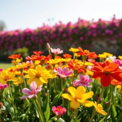 Fototapeta premium Vibrant spring blooms in full burst, sunny backdrop, meadow, vibrant, garden
