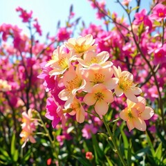 Vibrant spring blooms in full burst, sunny backdrop, power, meadow