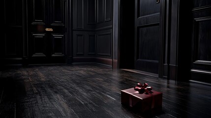 Elegant Gift Wrapped in Red Ribbon in a Dark Room Interior